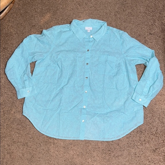 J. Jill Floral Embroidered One-Pocket Button Up Shirred-Back Shirt Sea Mist XL - Picture 4 of 9